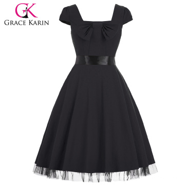 Grace Karin Stock Cap Sleeve Cuir carré Robe rayée noire et noire Retro CL008951-1